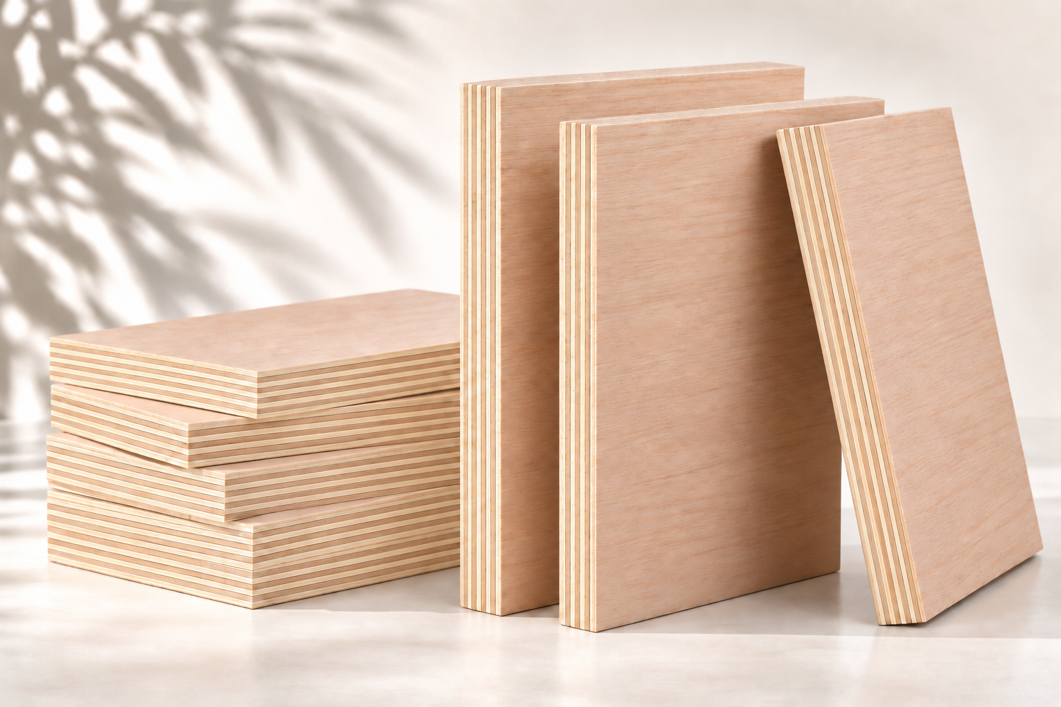Stacked eucalyptus plywood panels with visible layered edges