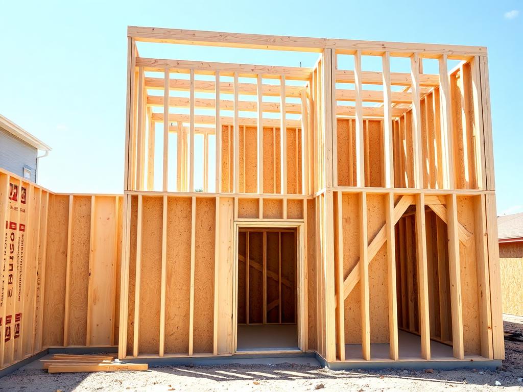 House framing with plywood sheathing panels on a sunny day