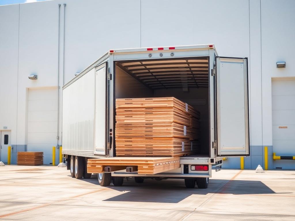 Wood panel bundles loaded for wholesale delivery at a warehouse dock