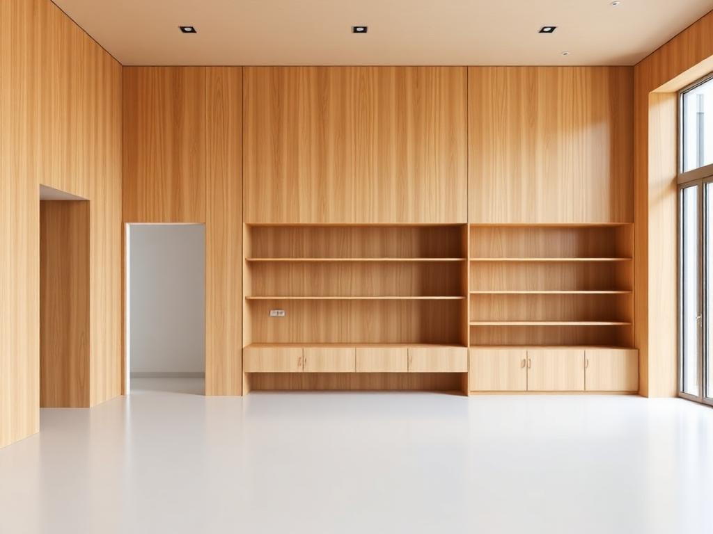 Modern interior with plywood wall paneling and built-in shelves