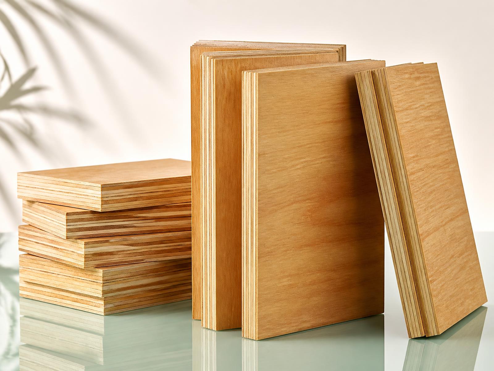 Stacked eucalyptus plywood panels with visible layered edges