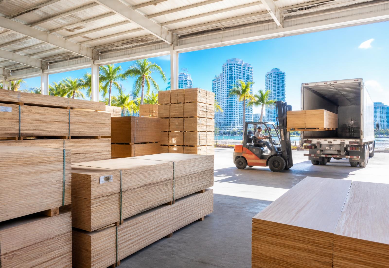 Plywood bundles being loaded onto a truck at a bright Miami warehouse
